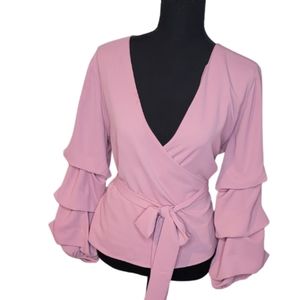 Bar III Women's Belted Faux Wrap Blouse with Balloon sleeves